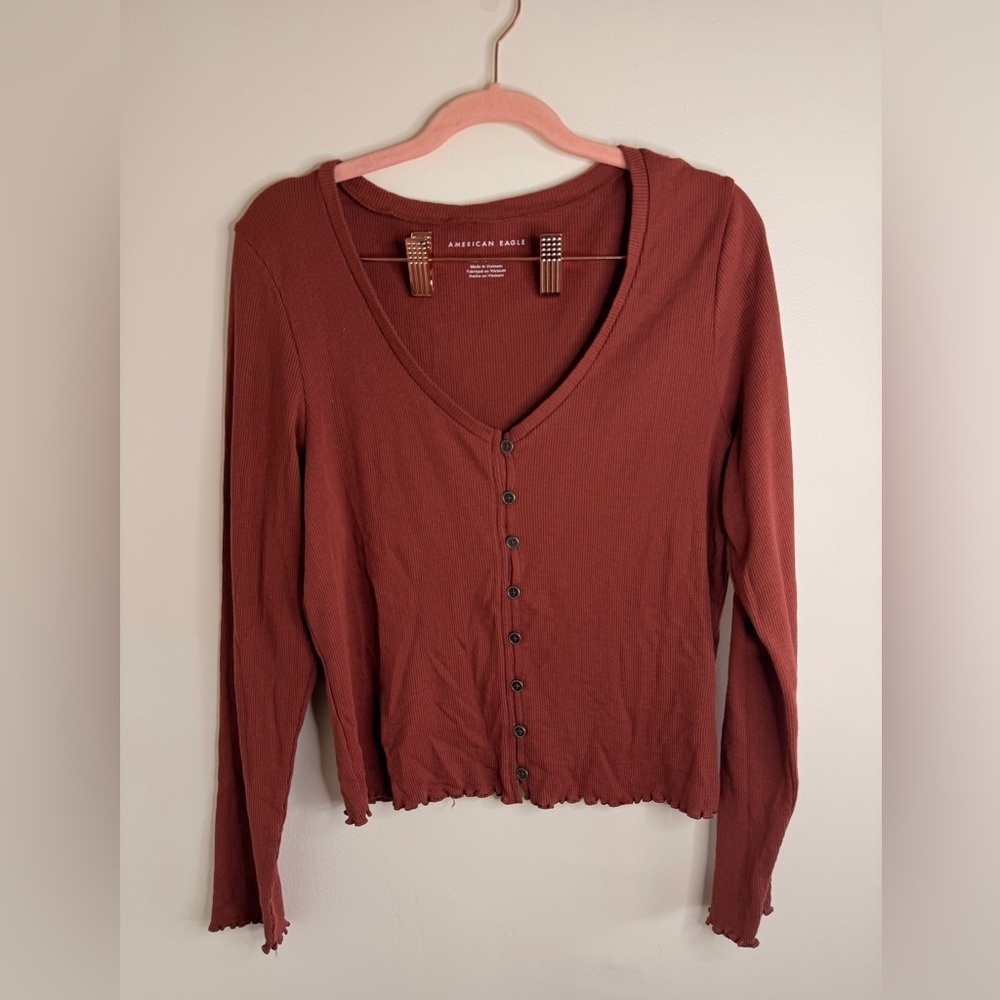 American Eagle Outfitters Women's Terracotta Button-Down Shirt